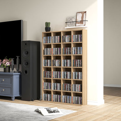 CD and DVD Storage, Multimedia Shelf with 24 Compartments, maximum capacity of 480 CDs/312 DVDs, wooden bookshelf with adjustable shelves, 89 x 20 x 130.5 cm, Natural Wood