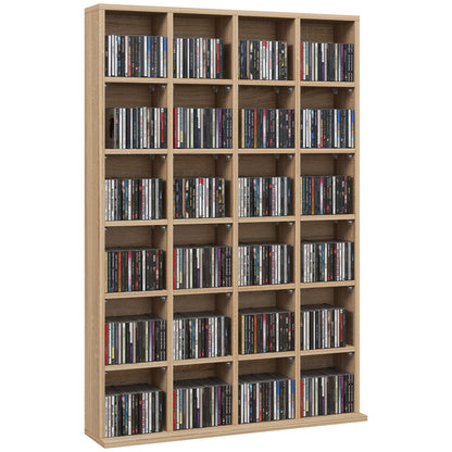 CD and DVD Storage, Multimedia Shelf with 24 Compartments, maximum capacity of 480 CDs/312 DVDs, wooden bookshelf with adjustable shelves, 89 x 20 x 130.5 cm, Natural Wood