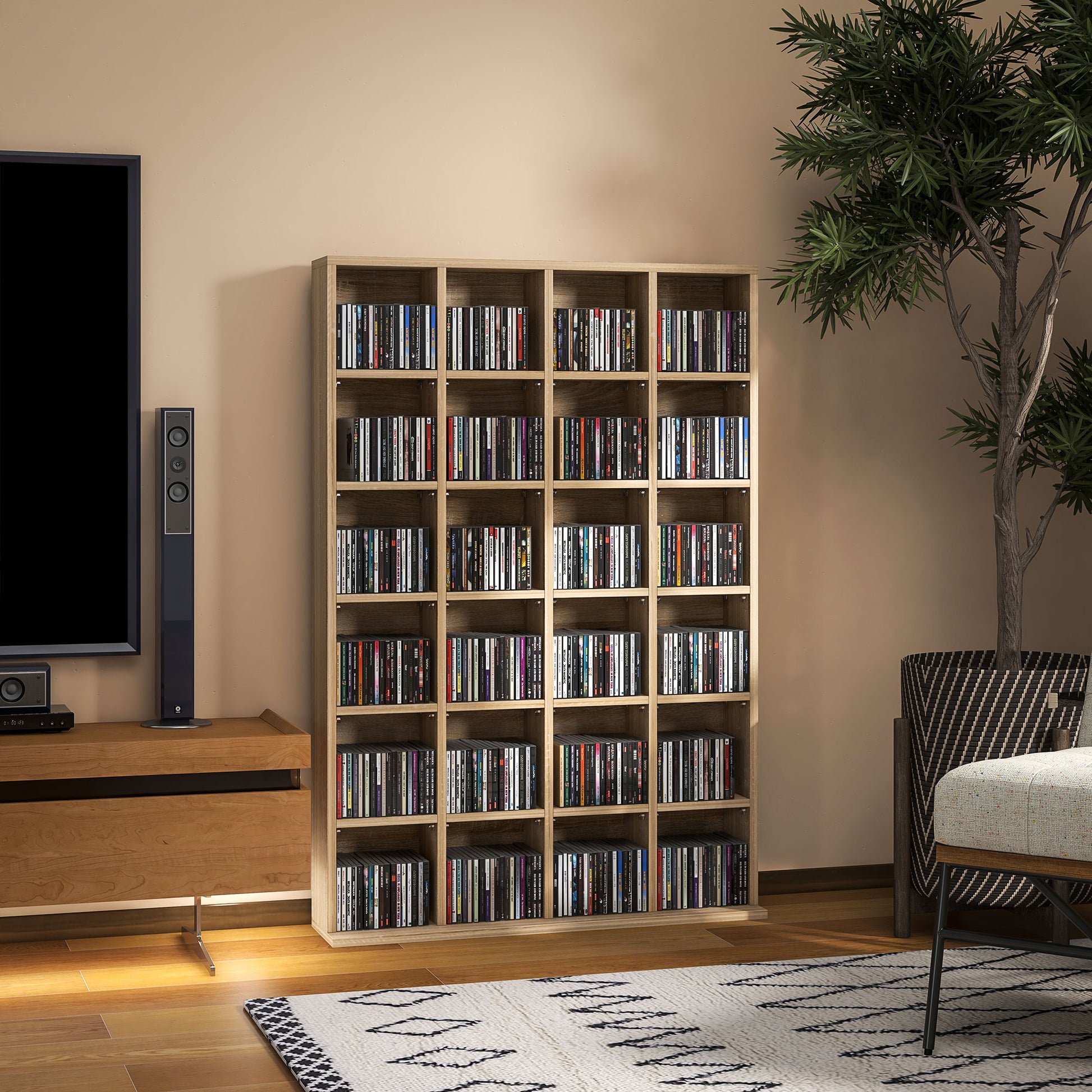 CD and DVD Storage, Multimedia Shelf with 24 Compartments, maximum capacity of 480 CDs/312 DVDs, wooden bookshelf with adjustable shelves, 89 x 20 x 130.5 cm, Natural Wood