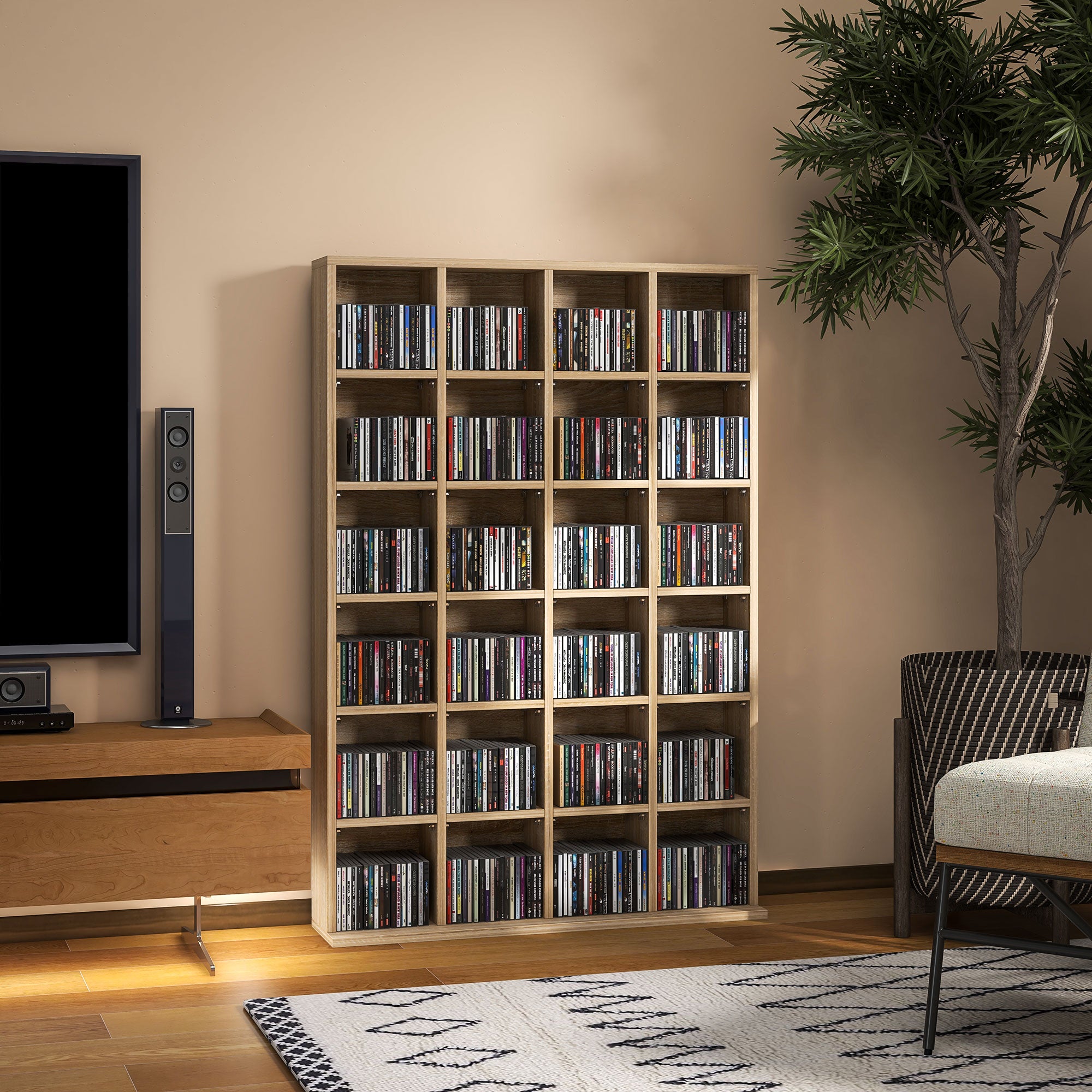 CD and DVD Storage, Multimedia Shelf with 24 Compartments, maximum capacity of 480 CDs/312 DVDs, wooden bookshelf with adjustable shelves, 89 x 20 x 130.5 cm, Natural Wood