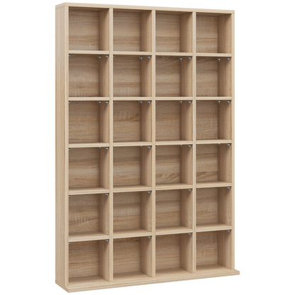 CD and DVD Storage, Multimedia Shelf with 24 Compartments, maximum capacity of 480 CDs/312 DVDs, wooden bookshelf with adjustable shelves, 89 x 20 x 130.5 cm, Natural Wood