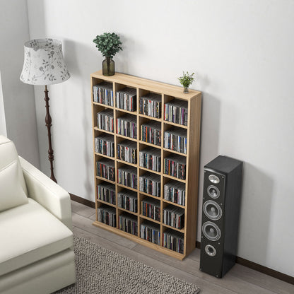 CD and DVD Storage, Multimedia Shelf with 24 Compartments, maximum capacity of 480 CDs/312 DVDs, wooden bookshelf with adjustable shelves, 89 x 20 x 130.5 cm, Natural Wood