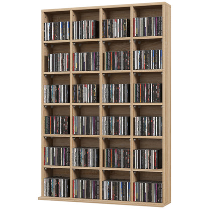 CD and DVD Storage, Multimedia Shelf with 24 Compartments, maximum capacity of 480 CDs/312 DVDs, wooden bookshelf with adjustable shelves, 89 x 20 x 130.5 cm, Natural Wood