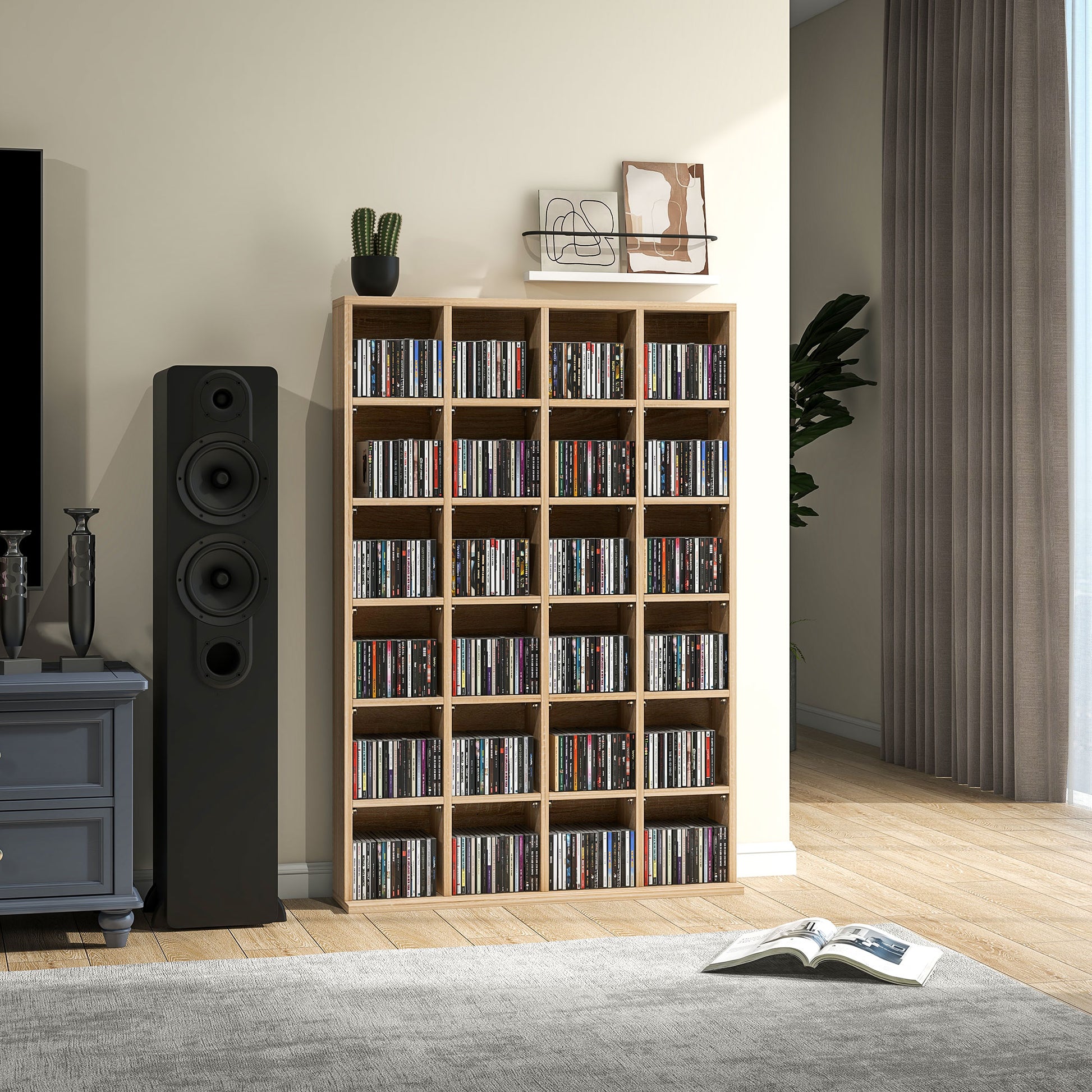 CD and DVD Storage, Multimedia Shelf with 24 Compartments, maximum capacity of 480 CDs/312 DVDs, wooden bookshelf with adjustable shelves, 89 x 20 x 130.5 cm, Natural Wood
