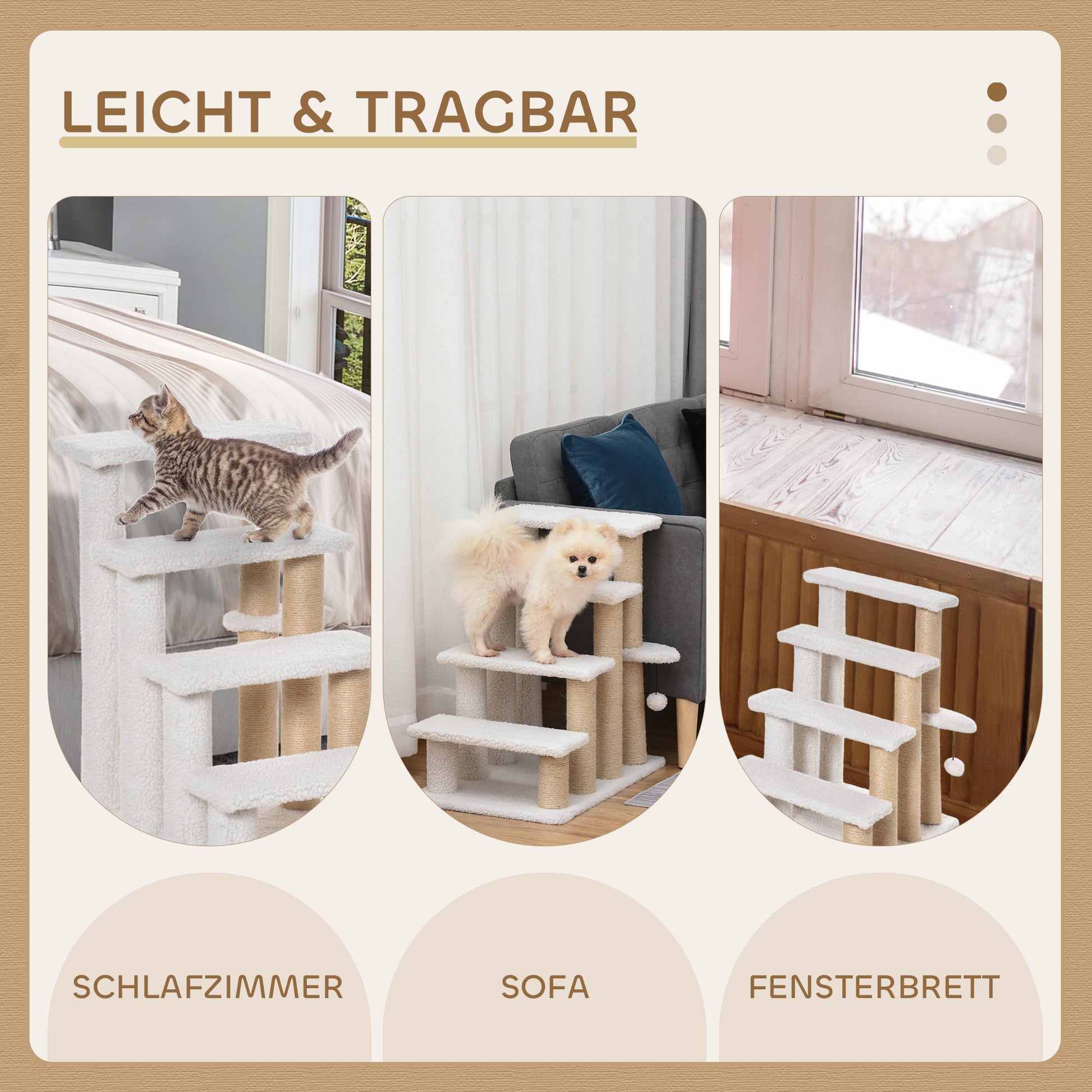 Cat Stairs 4-Step Pet Stairs with Scratching Posts Ball Dog Stairs Pet Steps for Cats up to 5 kg Plush Jute White 60 x 40 x 64 cm