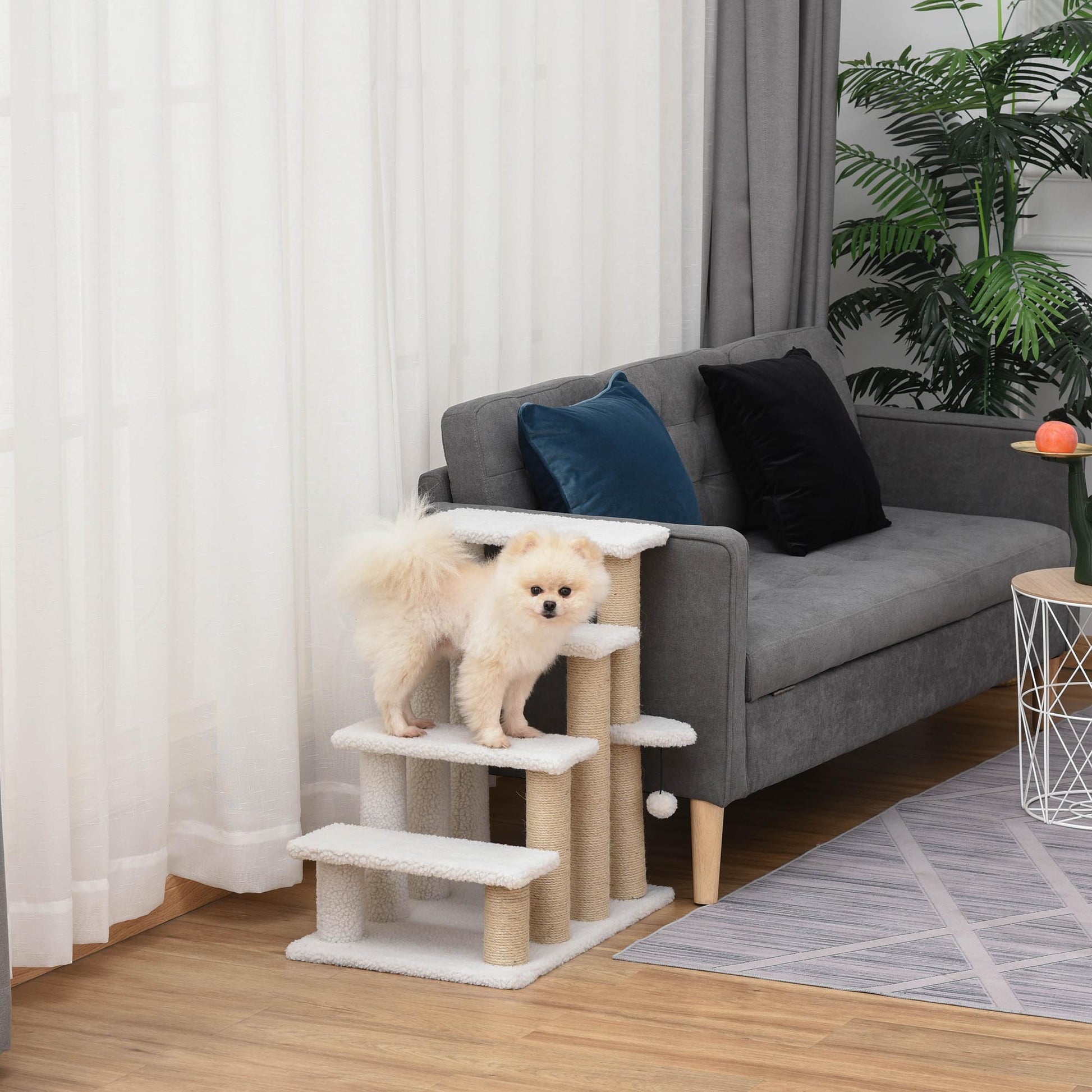 Cat Stairs 4-Step Pet Stairs with Scratching Posts Ball Dog Stairs Pet Steps for Cats up to 5 kg Plush Jute White 60 x 40 x 64 cm