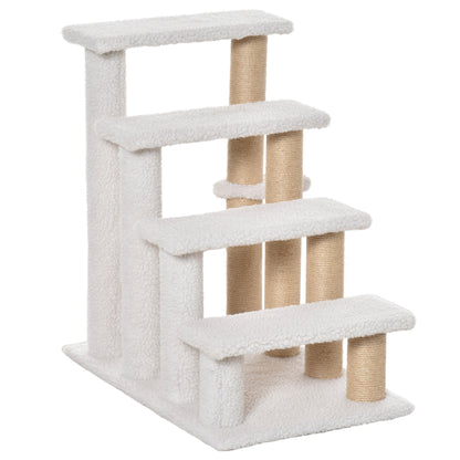 Cat Stairs 4-Step Pet Stairs with Scratching Posts Ball Dog Stairs Pet Steps for Cats up to 5 kg Plush Jute White 60 x 40 x 64 cm