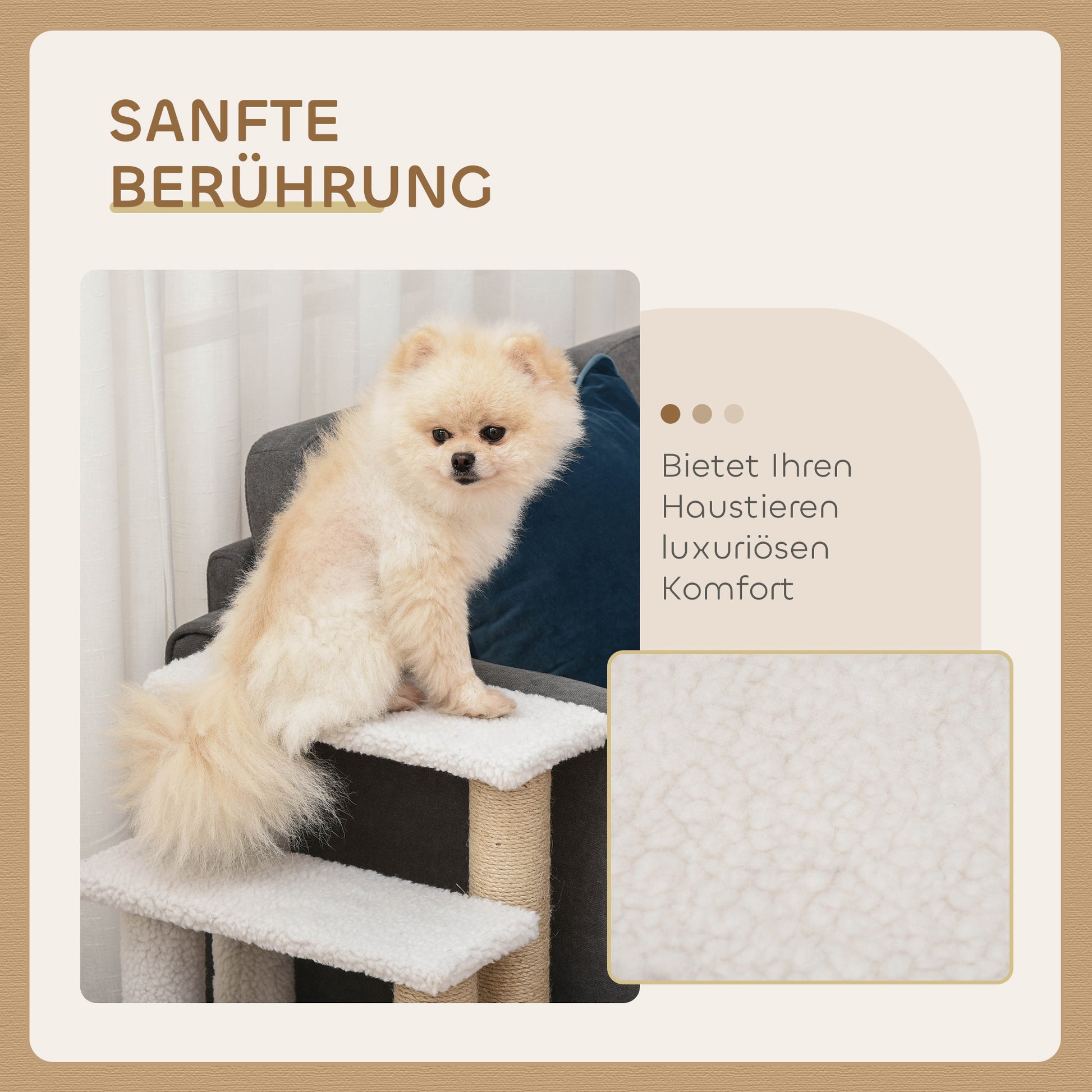 Cat Stairs 4-Step Pet Stairs with Scratching Posts Ball Dog Stairs Pet Steps for Cats up to 5 kg Plush Jute White 60 x 40 x 64 cm