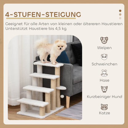 Cat Stairs 4-Step Pet Stairs with Scratching Posts Ball Dog Stairs Pet Steps for Cats up to 5 kg Plush Jute White 60 x 40 x 64 cm