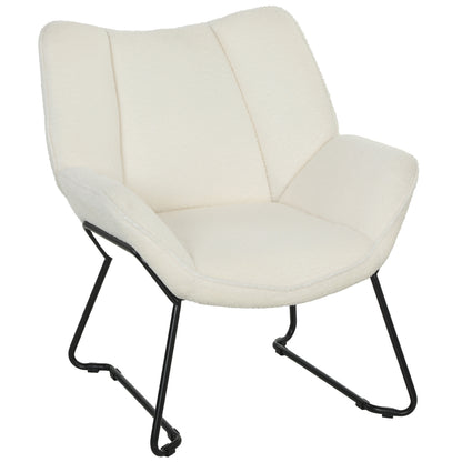 Sherpa-Fleece Lounge Chair — Modern Armchair with Armrests, Wide Back & Steel Legs, White