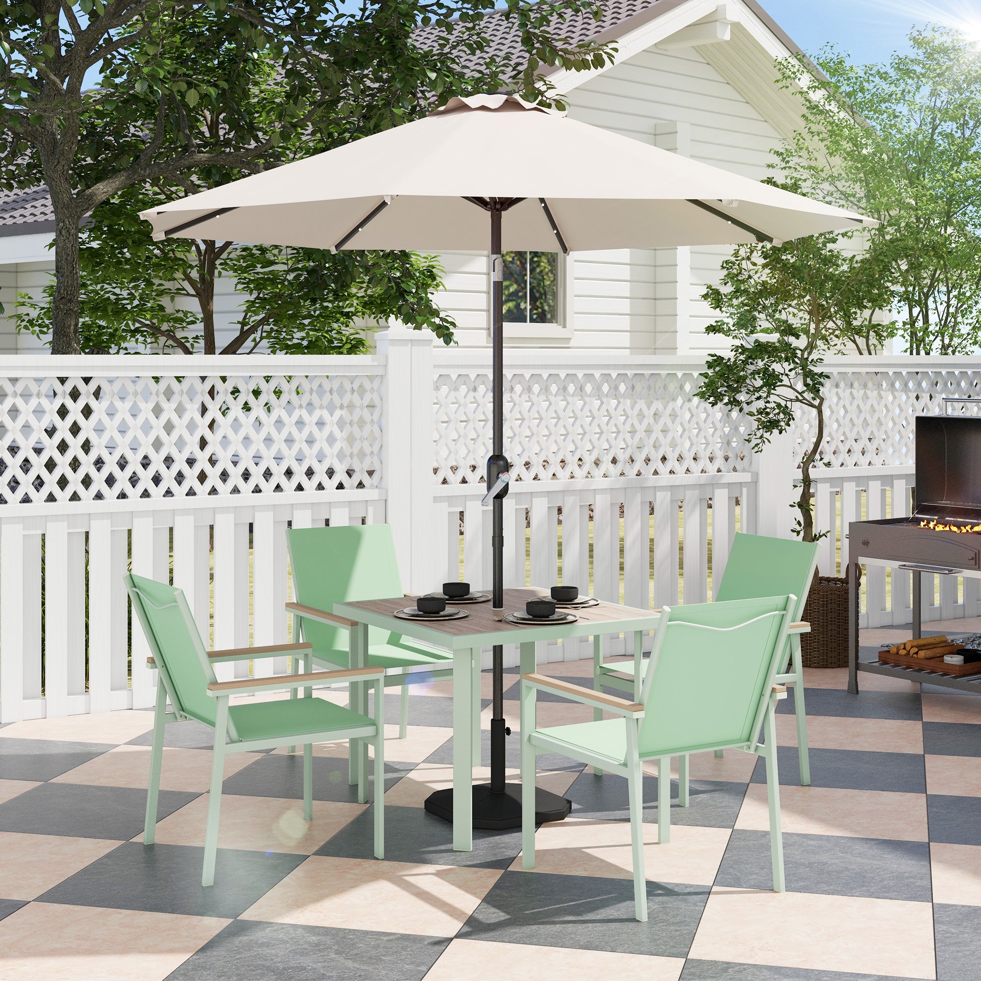 5-Piece Garden Set, Outdoor Set with 4 Armchairs with Mesh Fabric and Square Dining Table in Steel, Green