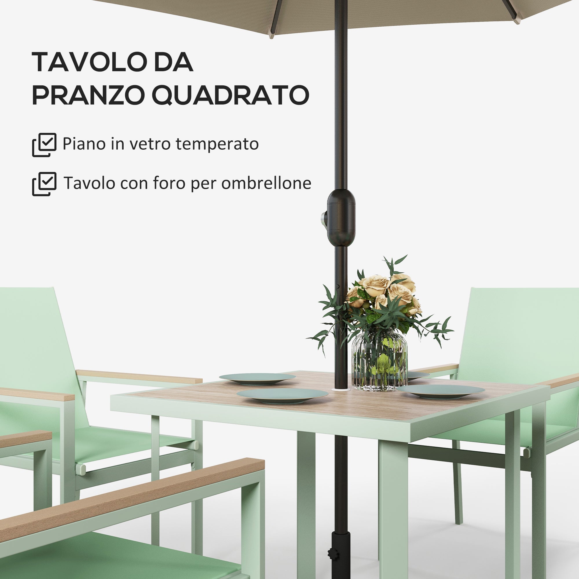 5-Piece Garden Set, Outdoor Set with 4 Armchairs with Mesh Fabric and Square Dining Table in Steel, Green