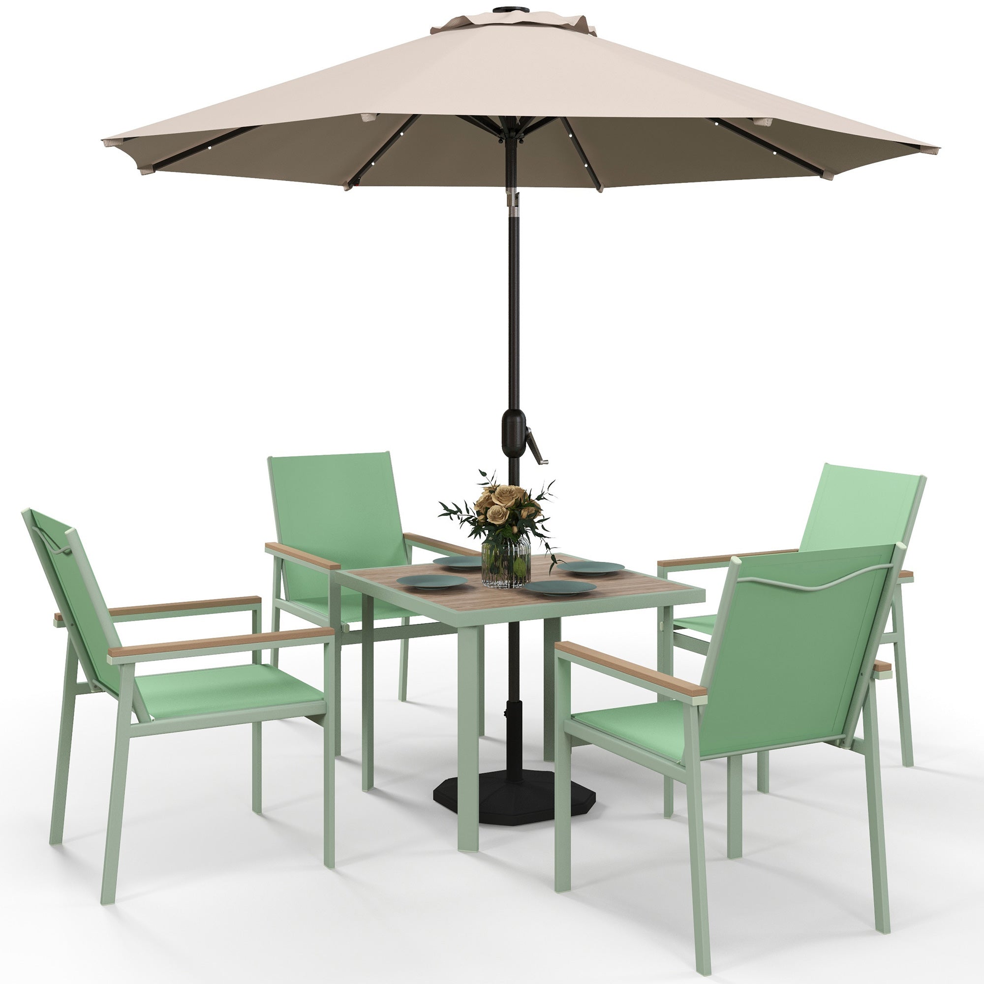 5-Piece Garden Set, Outdoor Set with 4 Armchairs with Mesh Fabric and Square Dining Table in Steel, Green