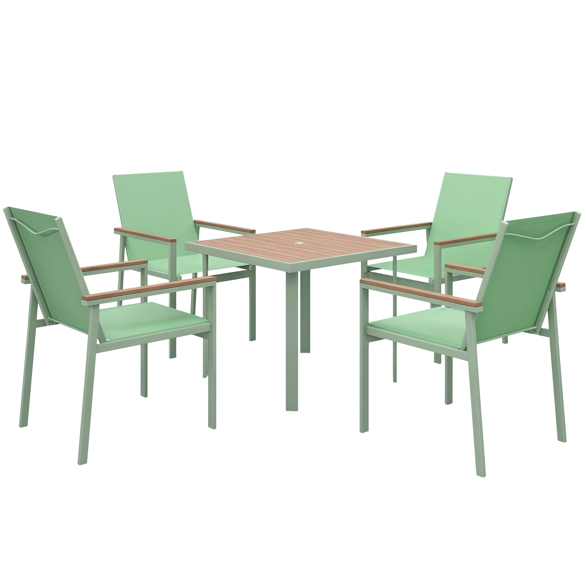 5-Piece Garden Set, Outdoor Set with 4 Armchairs with Mesh Fabric and Square Dining Table in Steel, Green