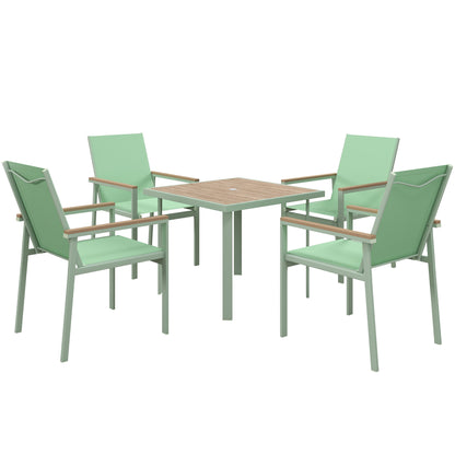 5-Piece Garden Set, Outdoor Set with 4 Armchairs with Mesh Fabric and Square Dining Table in Steel, Green