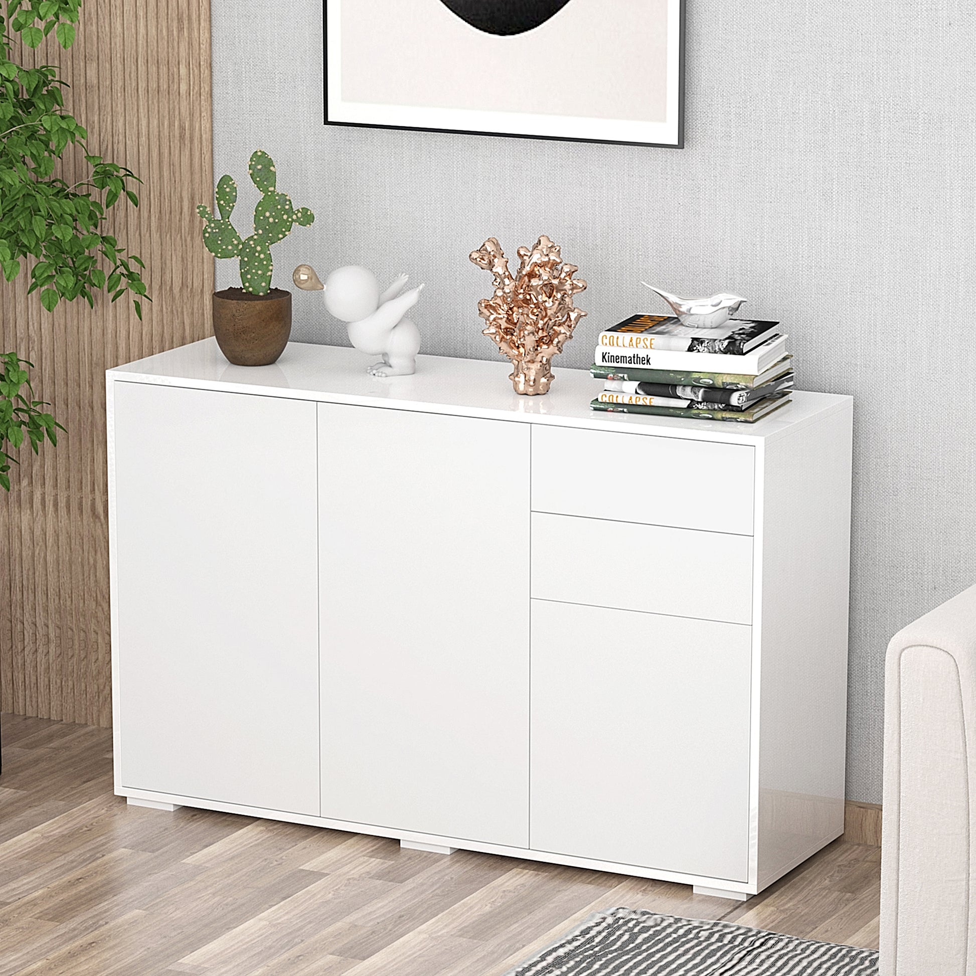 Living Room Sideboard with 3 Doors 2 Drawers and Adjustable Interior Shelf Storage Cabinet for Kitchen Bedroom Anti-tipping 117x36x74 cm High Gloss White