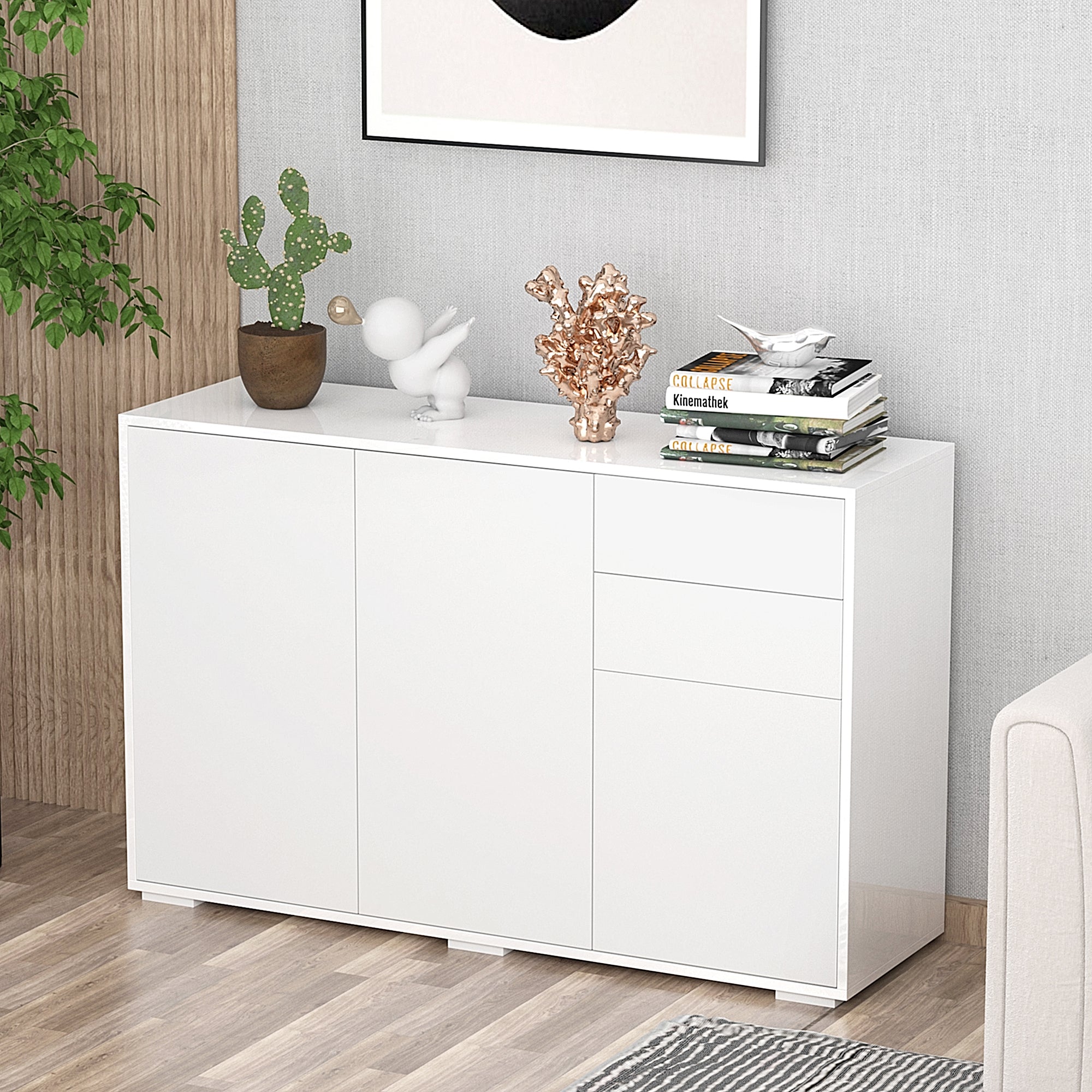 Living Room Sideboard with 3 Doors 2 Drawers and Adjustable Interior Shelf Storage Cabinet for Kitchen Bedroom Anti-tipping 117x36x74 cm High Gloss White