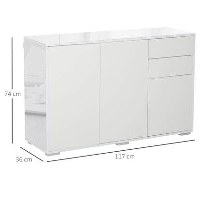 Living Room Sideboard with 3 Doors 2 Drawers and Adjustable Interior Shelf Storage Cabinet for Kitchen Bedroom Anti-tipping 117x36x74 cm High Gloss White