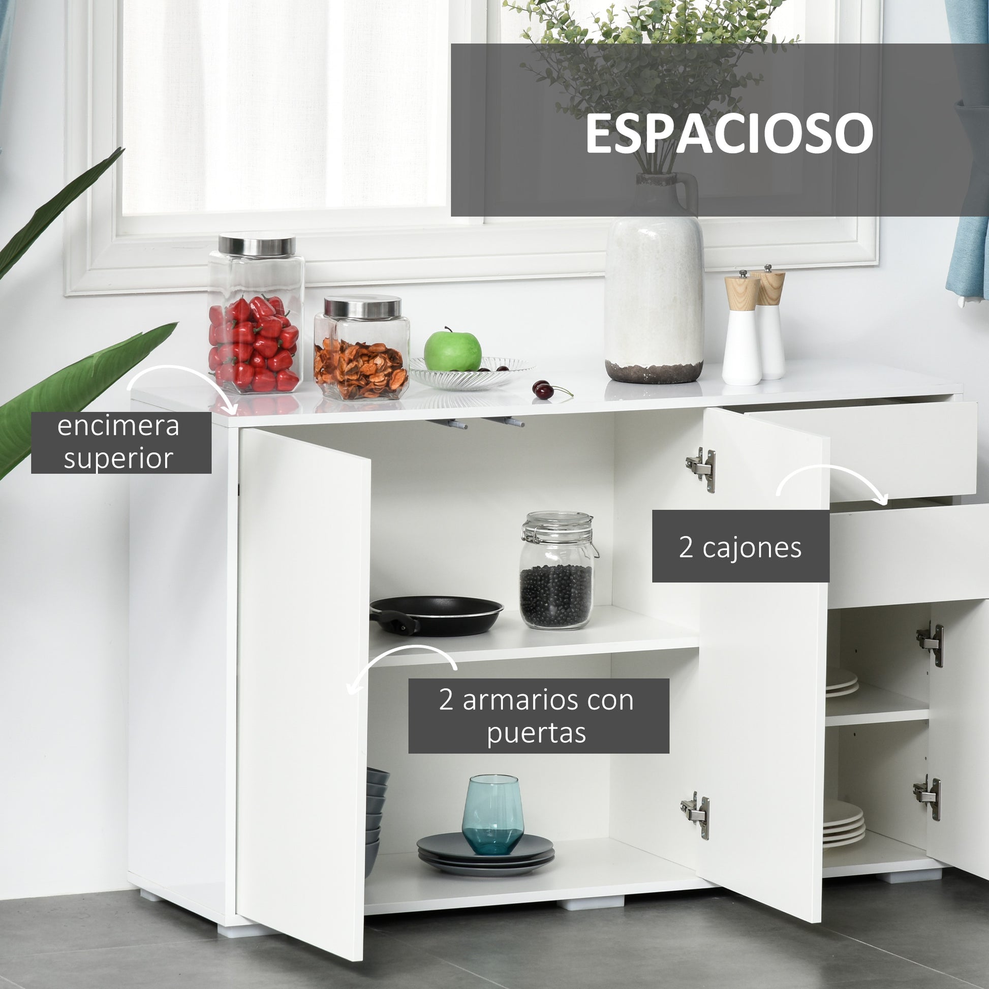 Living Room Sideboard with 3 Doors 2 Drawers and Adjustable Interior Shelf Storage Cabinet for Kitchen Bedroom Anti-tipping 117x36x74 cm High Gloss White