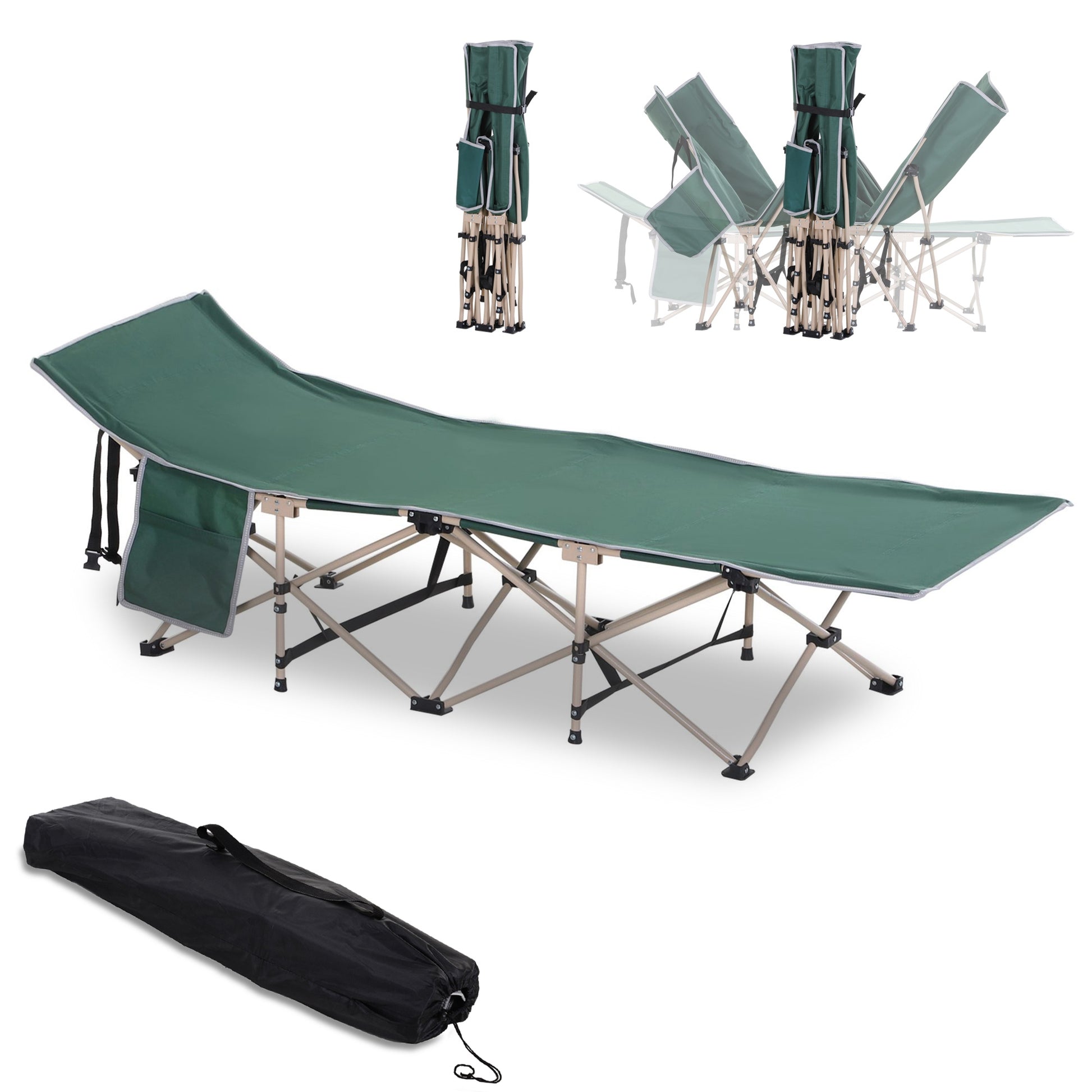 Folding camping bed with carry bag 190 x 68 x 52 cm Camping bed up to 150 kg Guest bed for adults Folding bed for indoor, outdoor, garden camping trips Green