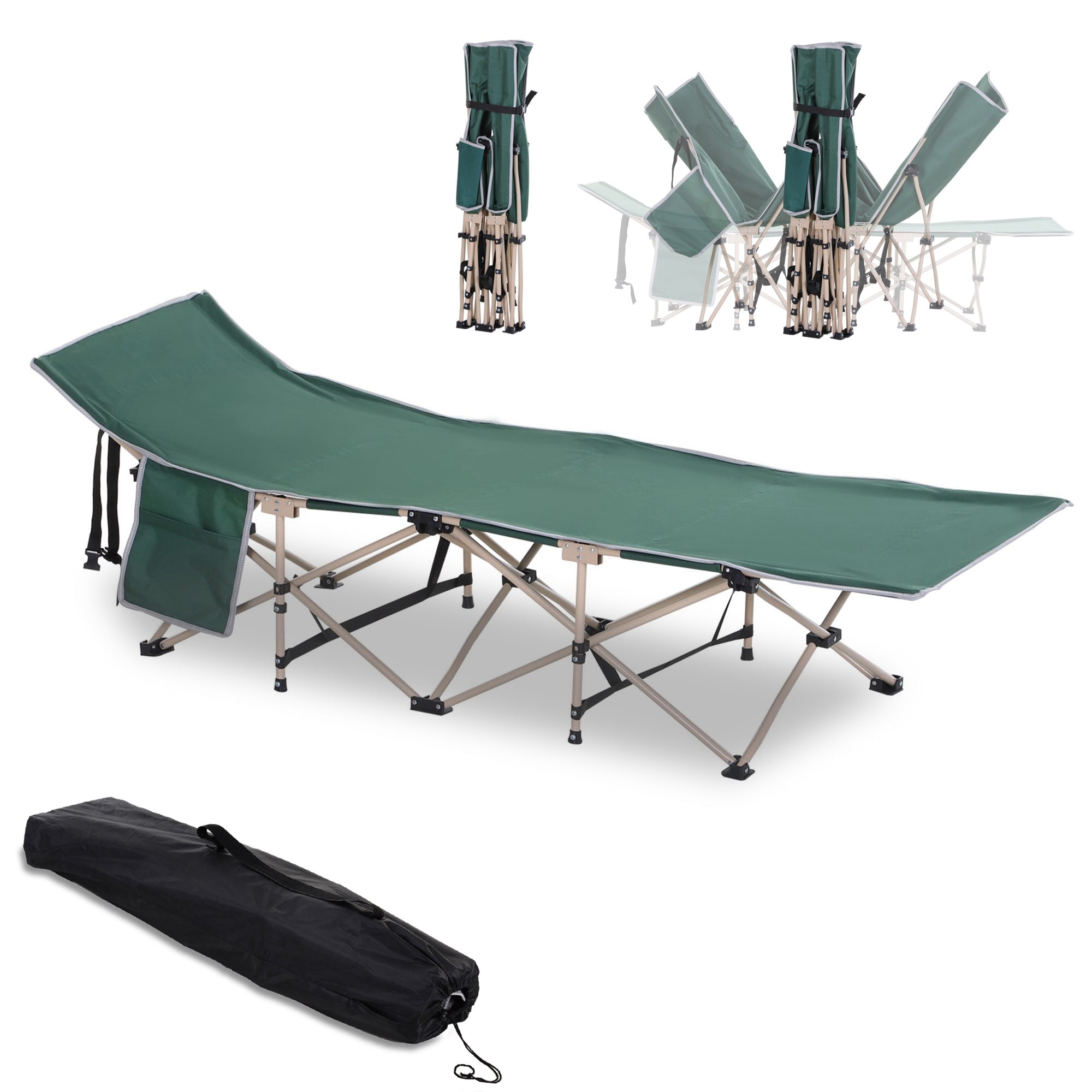 Folding camping bed with carry bag 190 x 68 x 52 cm Camping bed up to 150 kg Guest bed for adults Folding bed for indoor, outdoor, garden camping trips Green