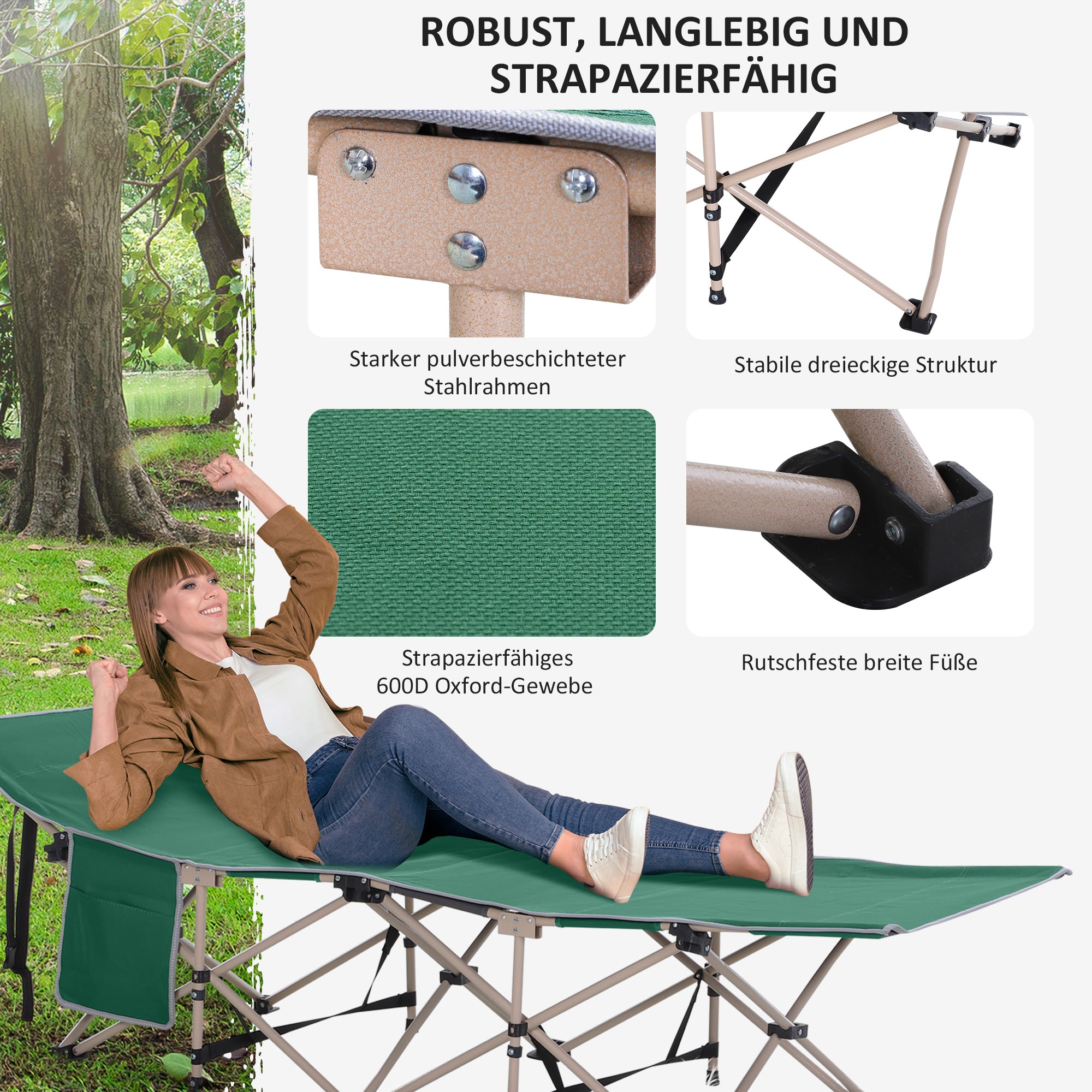 Folding camping bed with carry bag 190 x 68 x 52 cm Camping bed up to 150 kg Guest bed for adults Folding bed for indoor, outdoor, garden camping trips Green