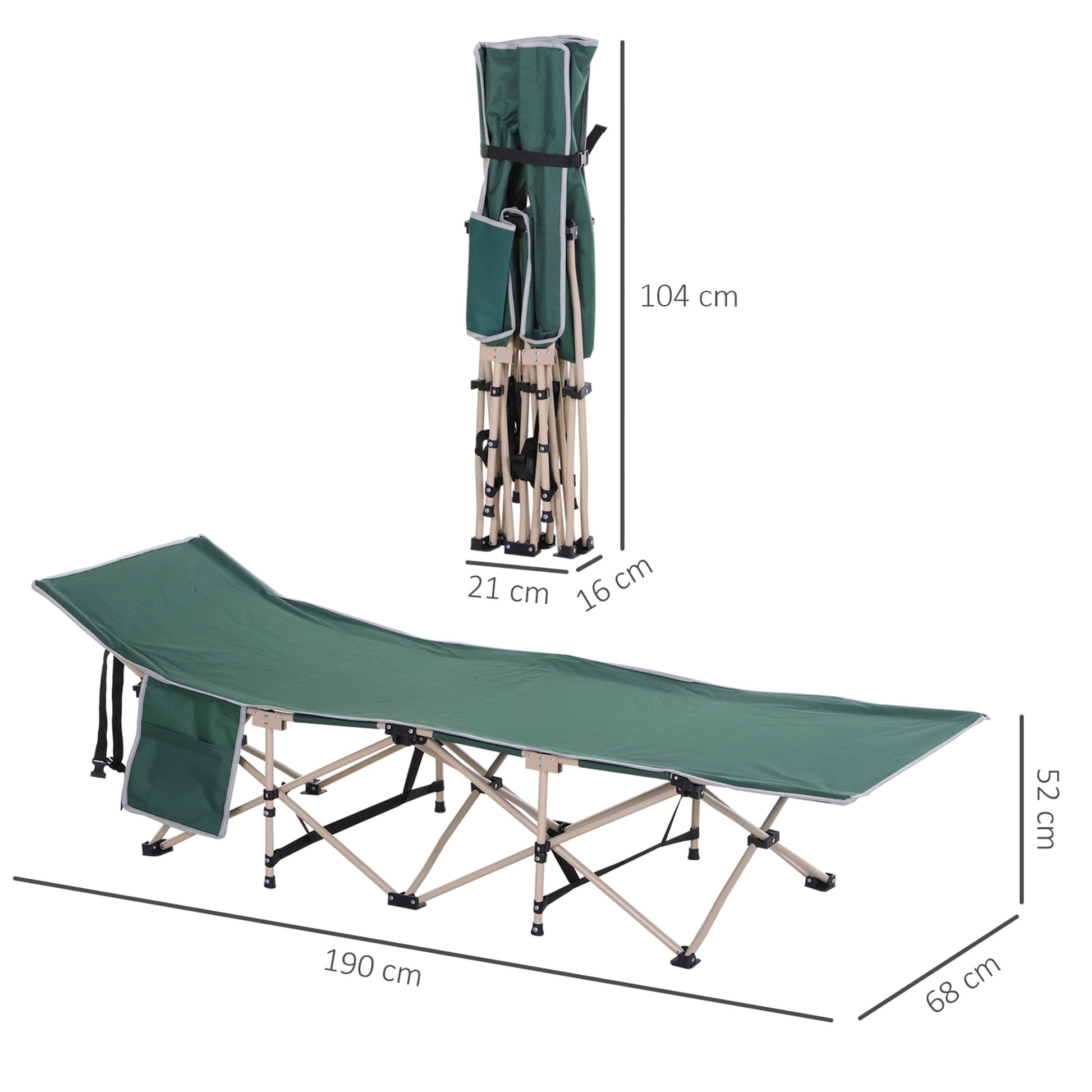 Folding camping bed with carry bag 190 x 68 x 52 cm Camping bed up to 150 kg Guest bed for adults Folding bed for indoor, outdoor, garden camping trips Green