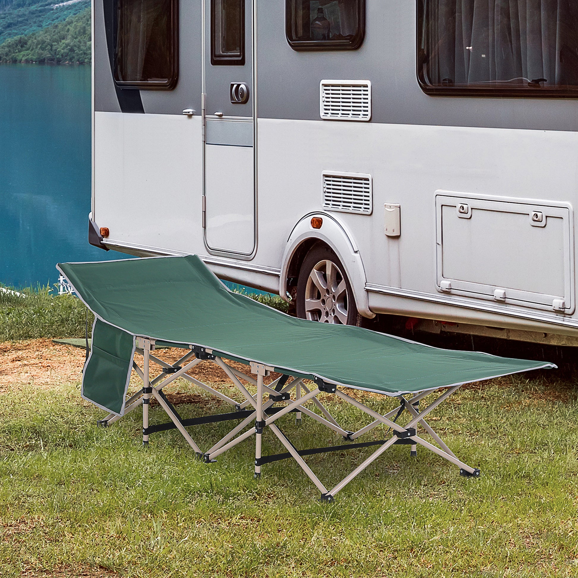 Folding camping bed with carry bag 190 x 68 x 52 cm Camping bed up to 150 kg Guest bed for adults Folding bed for indoor, outdoor, garden camping trips Green
