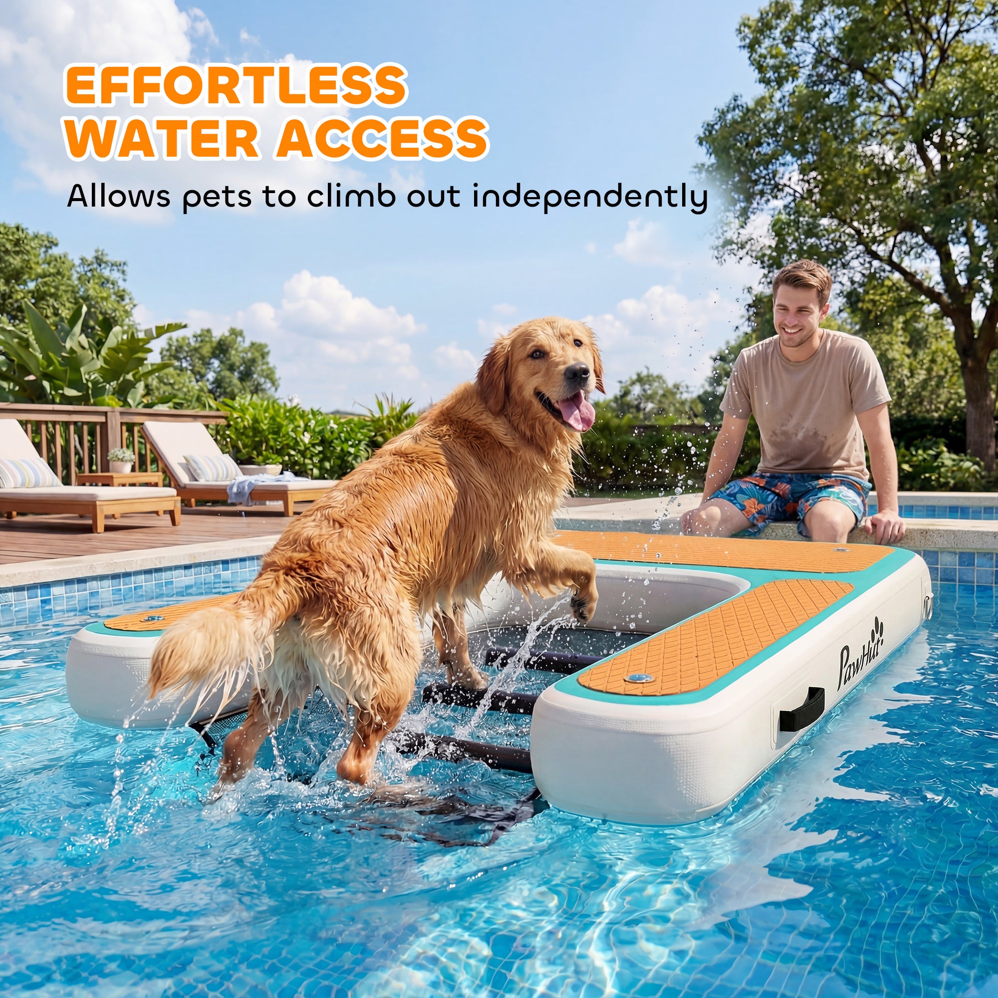 Inflatable Dog Water Ramp — 59.4 x 40.2 x 5.9 in Portable Floating Dock with Non-Slip EVA Surface, Ladder for Pools, Boats & Lakes, Supports Up to 220 lb