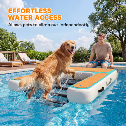 Inflatable Dog Water Ramp — 59.4 x 40.2 x 5.9 in Portable Floating Dock with Non-Slip EVA Surface, Ladder for Pools, Boats & Lakes, Supports Up to 220 lb