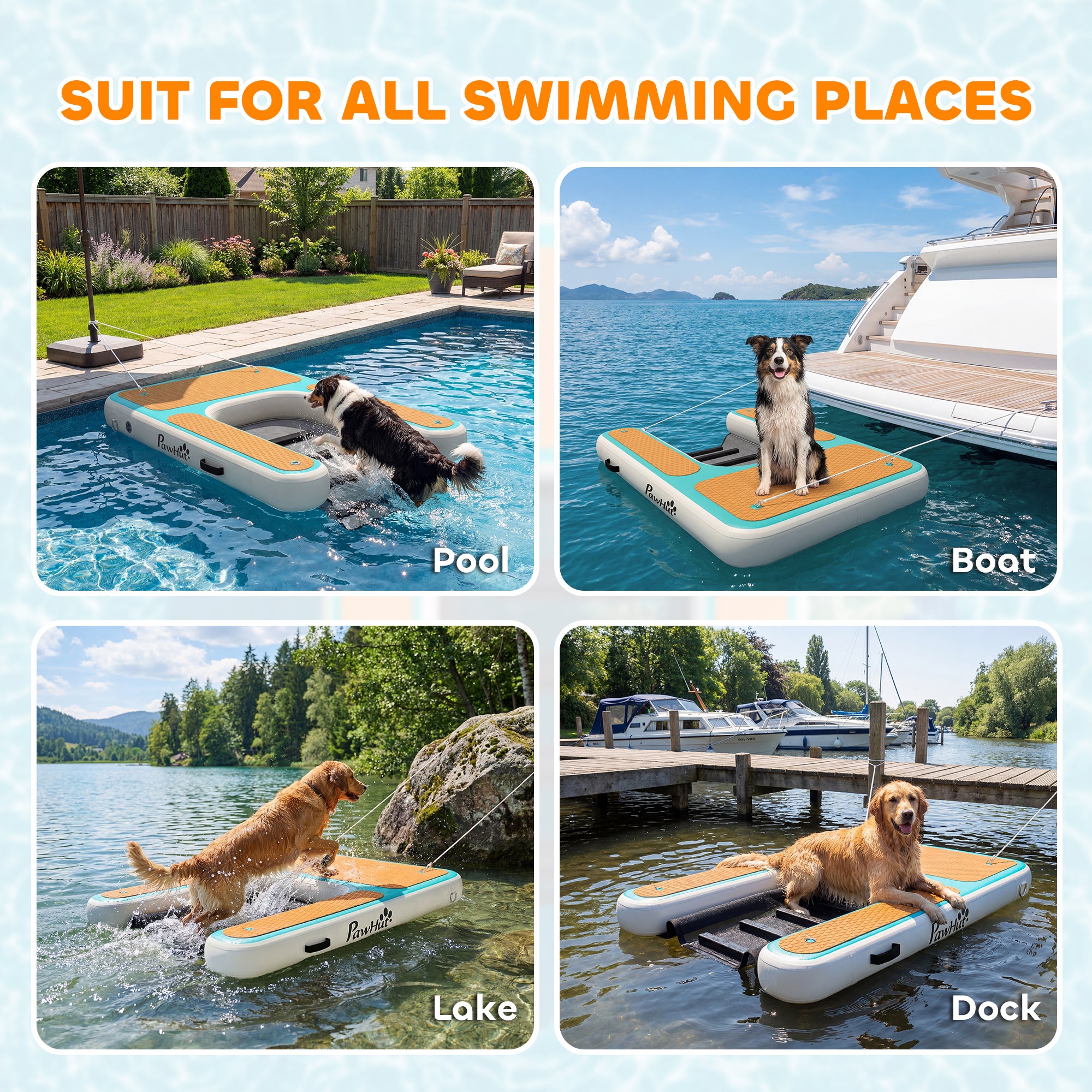 Inflatable Dog Water Ramp — 59.4 x 40.2 x 5.9 in Portable Floating Dock with Non-Slip EVA Surface, Ladder for Pools, Boats & Lakes, Supports Up to 220 lb