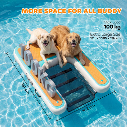 Inflatable Dog Water Ramp — 59.4 x 40.2 x 5.9 in Portable Floating Dock with Non-Slip EVA Surface, Ladder for Pools, Boats & Lakes, Supports Up to 220 lb