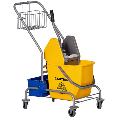 Cleaning Cart Service Cart with 25L Mop Bucket Wringer Bucket and Shelves for Hotel Office 72x49.5x95 cm Yellow