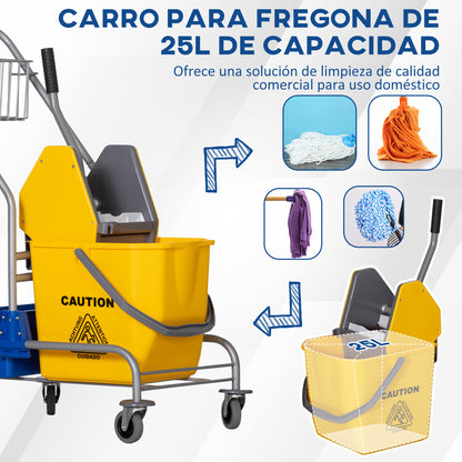 Cleaning Cart Service Cart with 25L Mop Bucket Wringer Bucket and Shelves for Hotel Office 72x49.5x95 cm Yellow