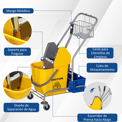 Cleaning Cart Service Cart with 25L Mop Bucket Wringer Bucket and Shelves for Hotel Office 72x49.5x95 cm Yellow