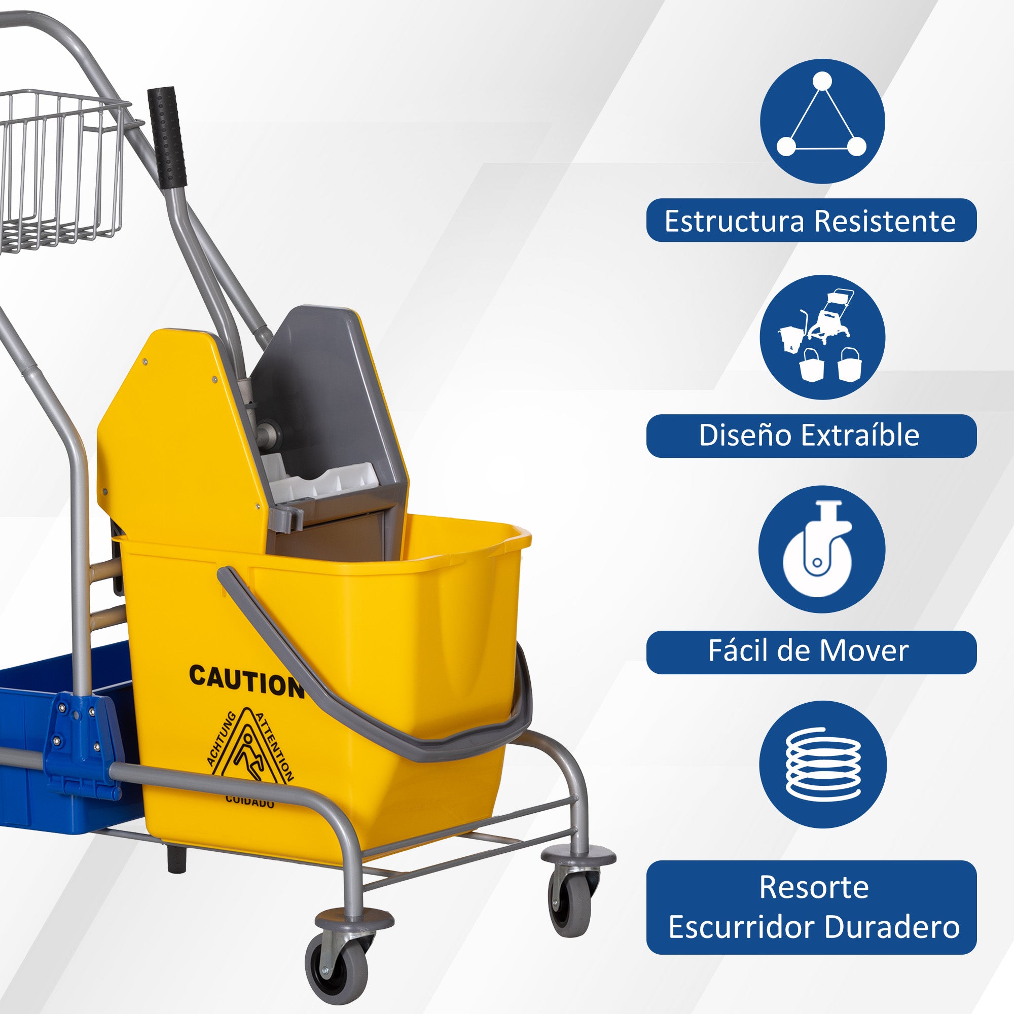 Cleaning Cart Service Cart with 25L Mop Bucket Wringer Bucket and Shelves for Hotel Office 72x49.5x95 cm Yellow
