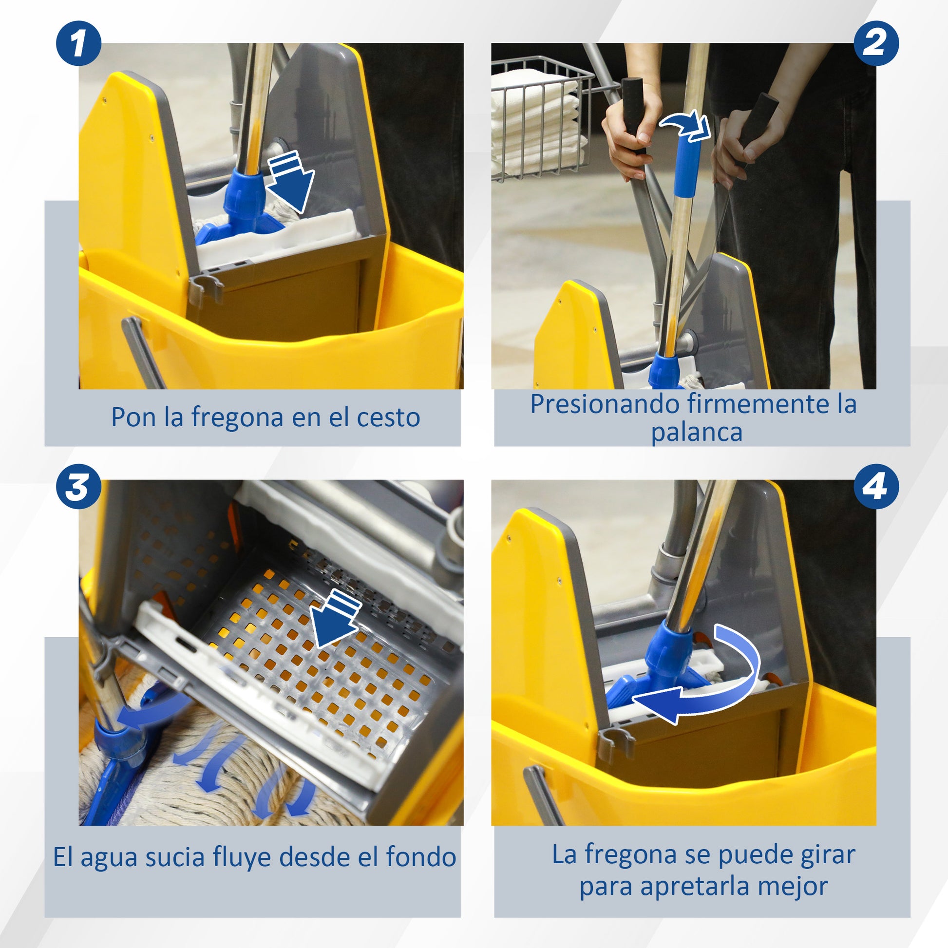 Cleaning Cart Service Cart with 25L Mop Bucket Wringer Bucket and Shelves for Hotel Office 72x49.5x95 cm Yellow