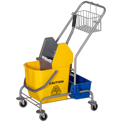 Cleaning Cart Service Cart with 25L Mop Bucket Wringer Bucket and Shelves for Hotel Office 72x49.5x95 cm Yellow