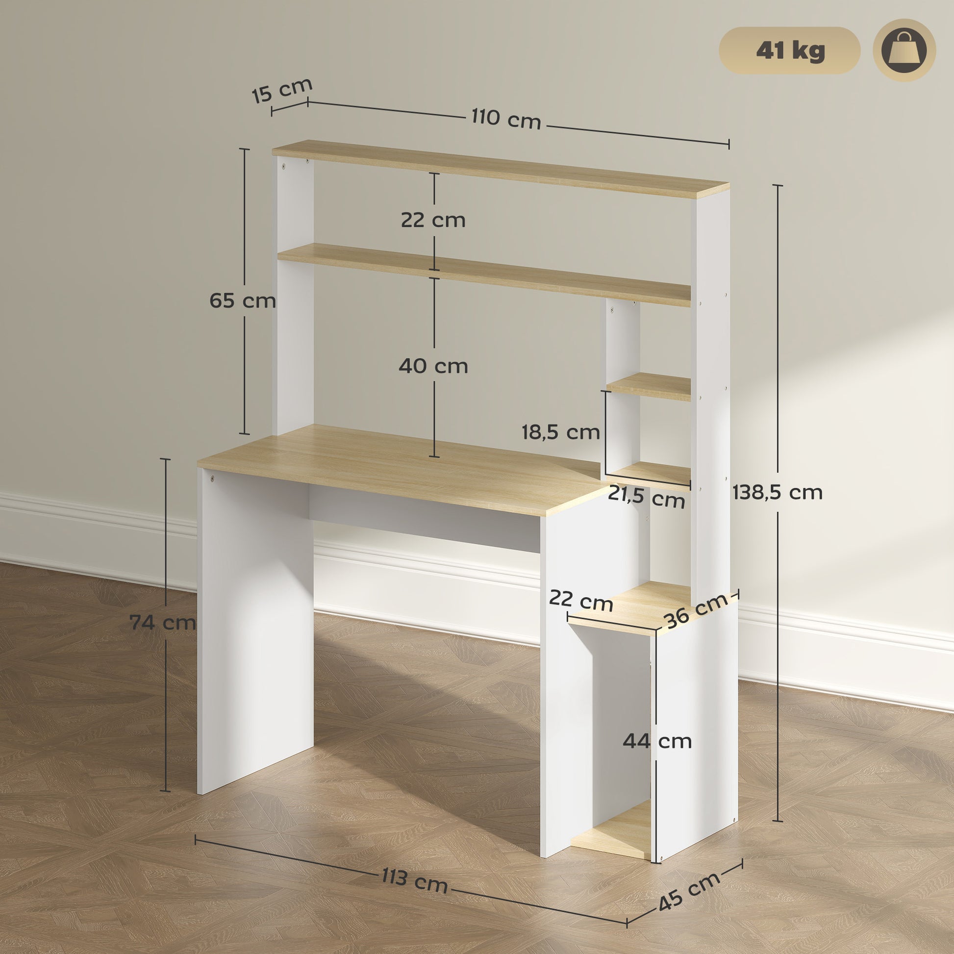 Desk 113 x 45 cm Computer Desk Office Desk with Open Shelves, CPU Stand, Steel Frame for Home Office, Bedroom Oak