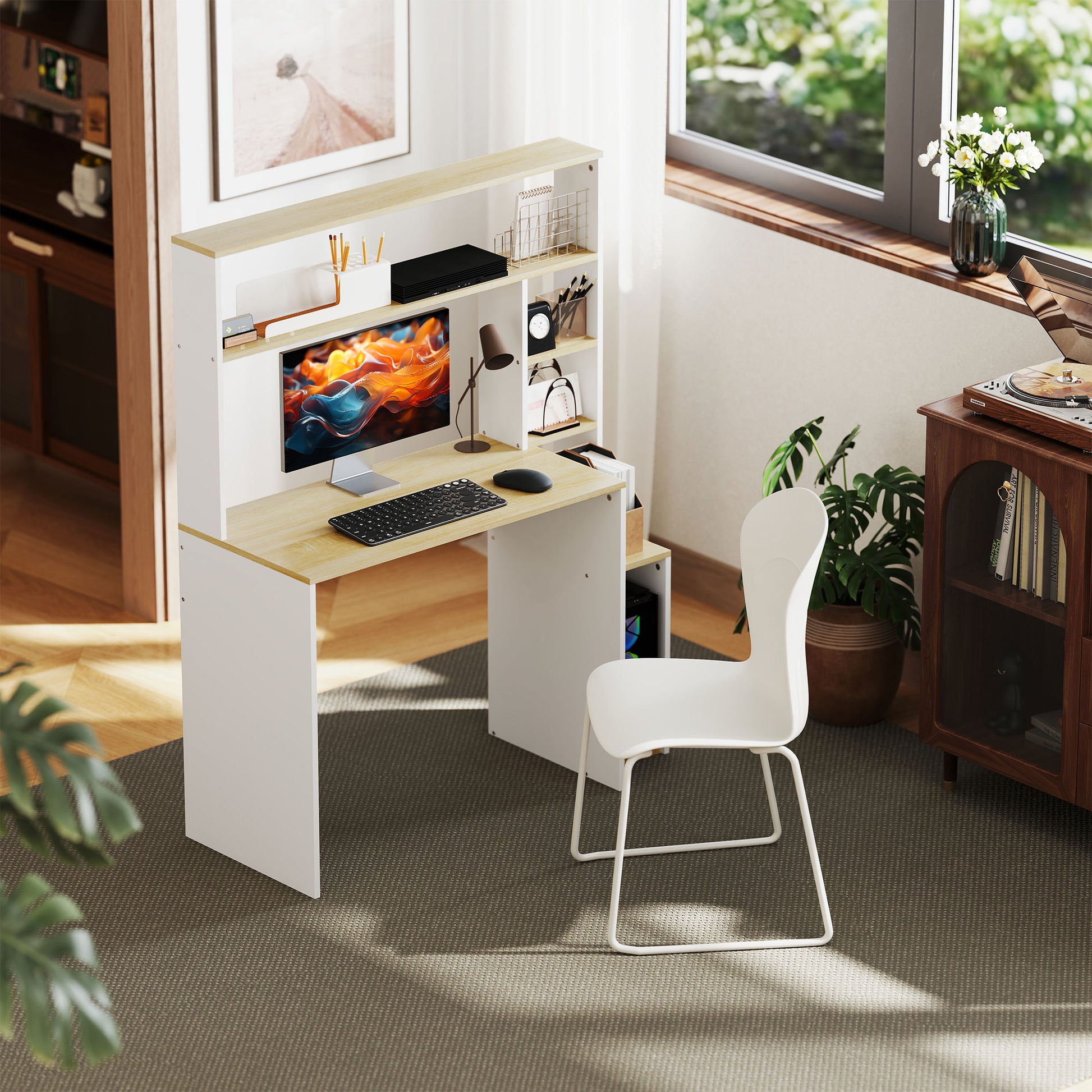 Desk 113 x 45 cm Computer Desk Office Desk with Open Shelves, CPU Stand, Steel Frame for Home Office, Bedroom Oak