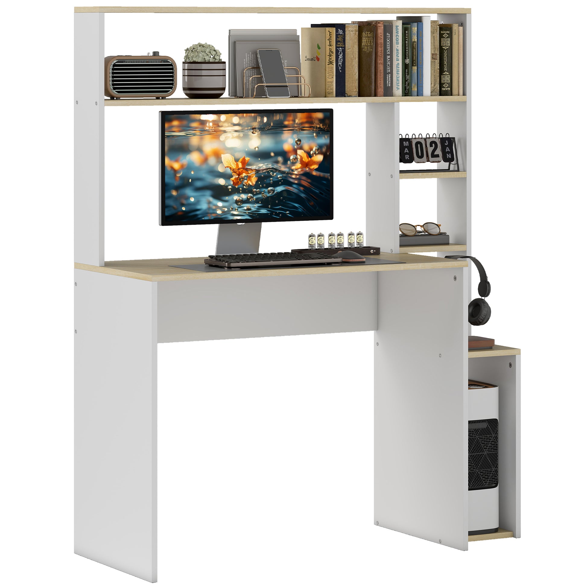 Desk 113 x 45 cm Computer Desk Office Desk with Open Shelves, CPU Stand, Steel Frame for Home Office, Bedroom Oak