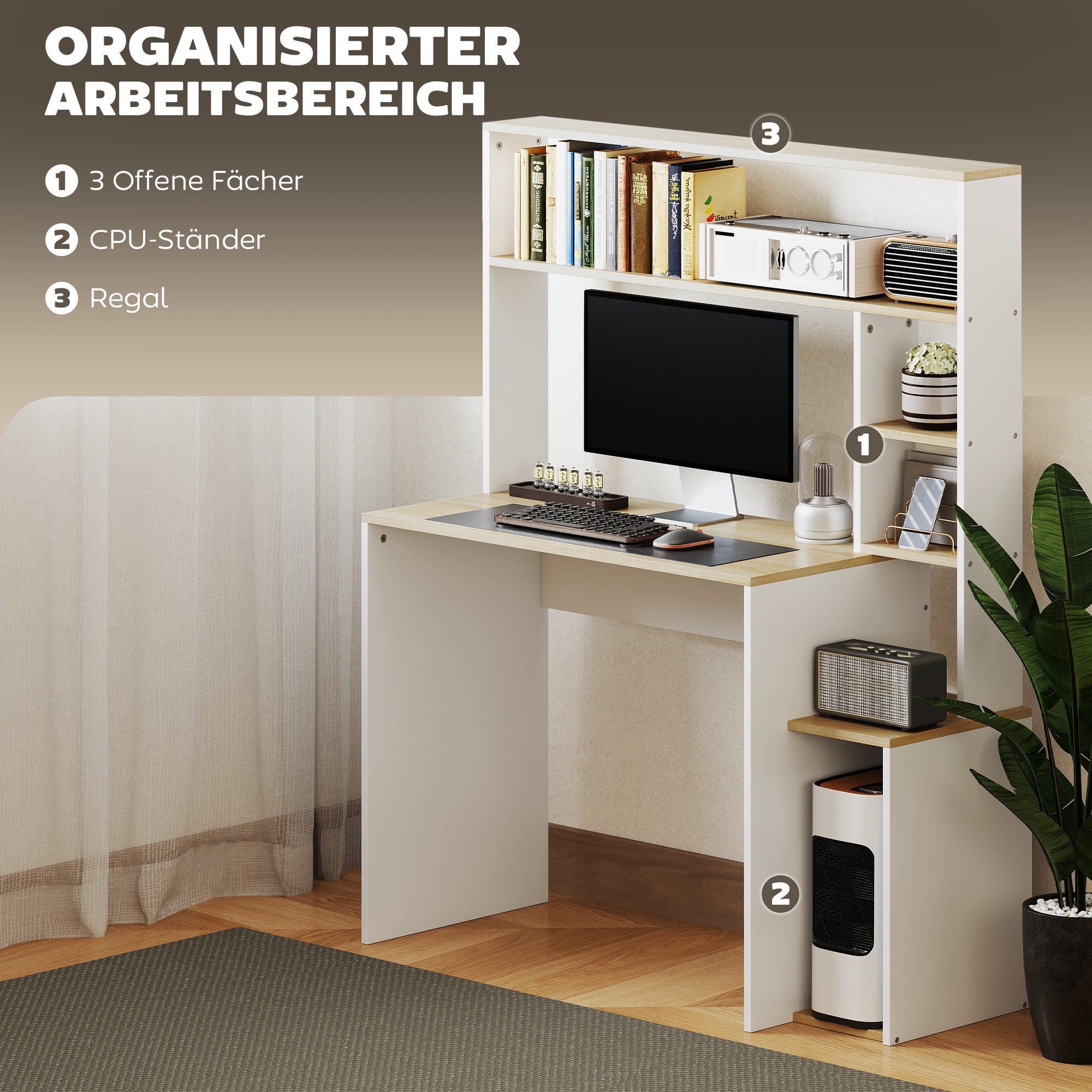 Desk 113 x 45 cm Computer Desk Office Desk with Open Shelves, CPU Stand, Steel Frame for Home Office, Bedroom Oak
