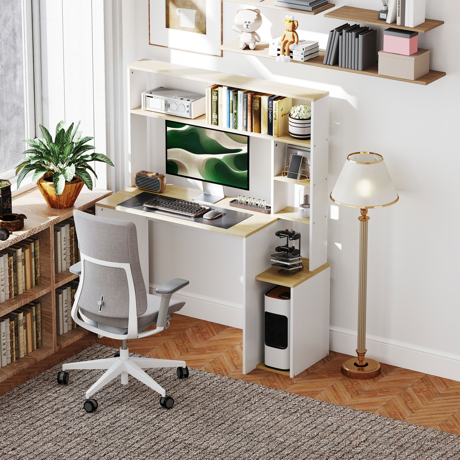 Desk 113 x 45 cm Computer Desk Office Desk with Open Shelves, CPU Stand, Steel Frame for Home Office, Bedroom Oak
