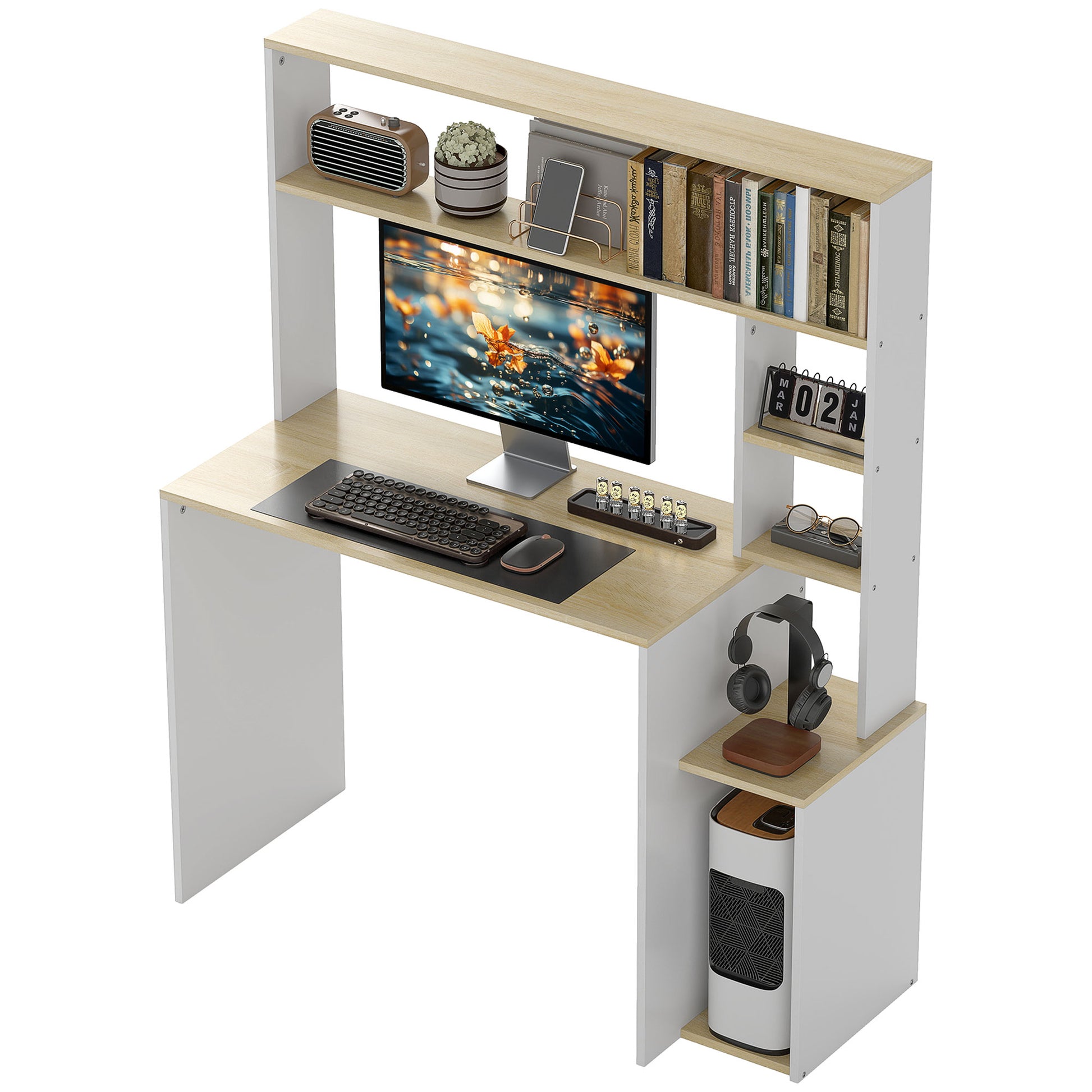 Desk 113 x 45 cm Computer Desk Office Desk with Open Shelves, CPU Stand, Steel Frame for Home Office, Bedroom Oak
