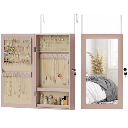 Wall Mounted Jewelry Mirror Cabinet with Lock and Multiple Compartments to Hang on Wall or Door for Earring Necklace Ring Bracelet Pink and Beige Lining