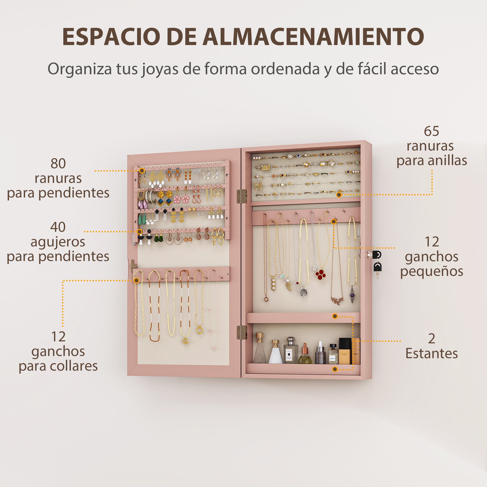 Wall Mounted Jewelry Mirror Cabinet with Lock and Multiple Compartments to Hang on Wall or Door for Earring Necklace Ring Bracelet Pink and Beige Lining