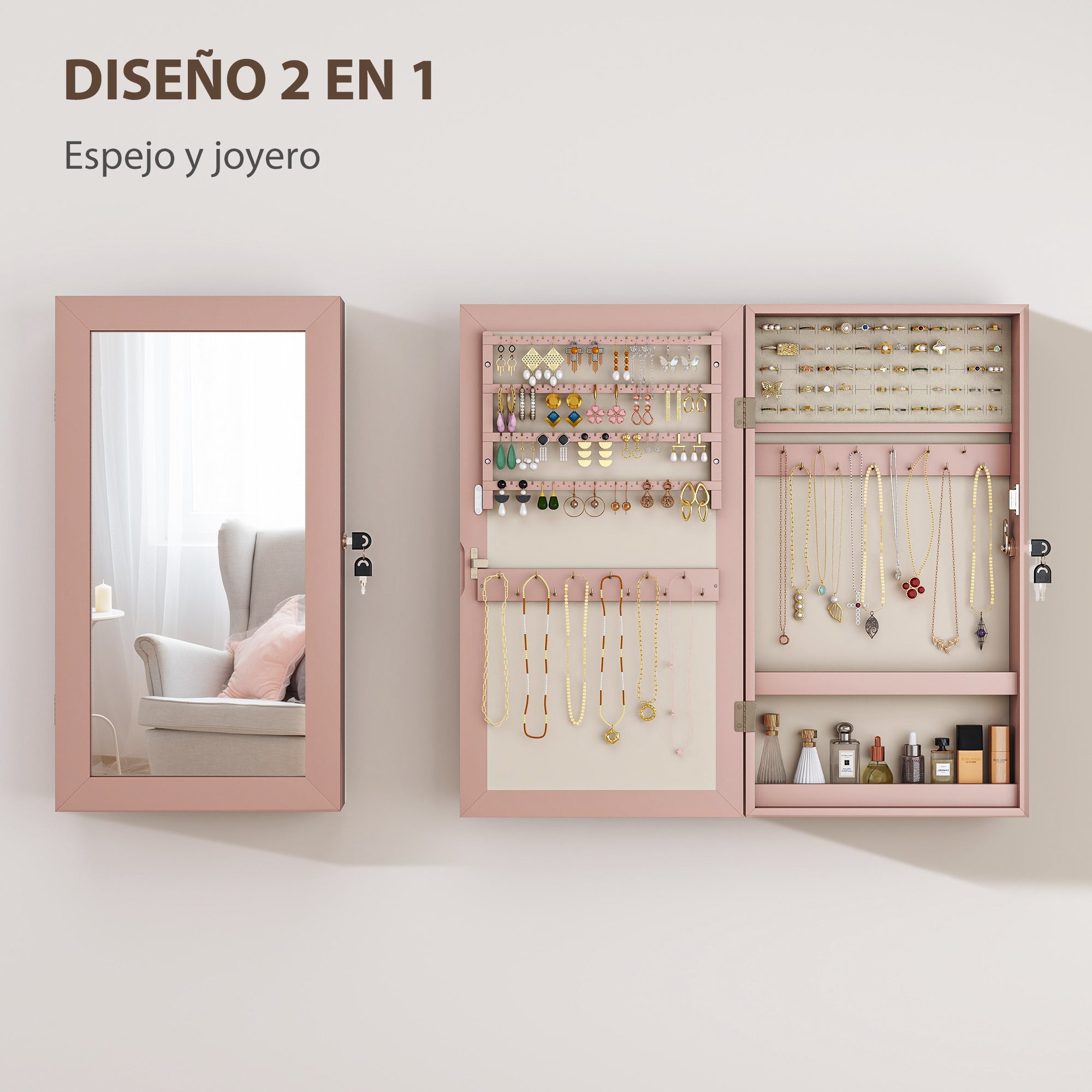 Wall Mounted Jewelry Mirror Cabinet with Lock and Multiple Compartments to Hang on Wall or Door for Earring Necklace Ring Bracelet Pink and Beige Lining