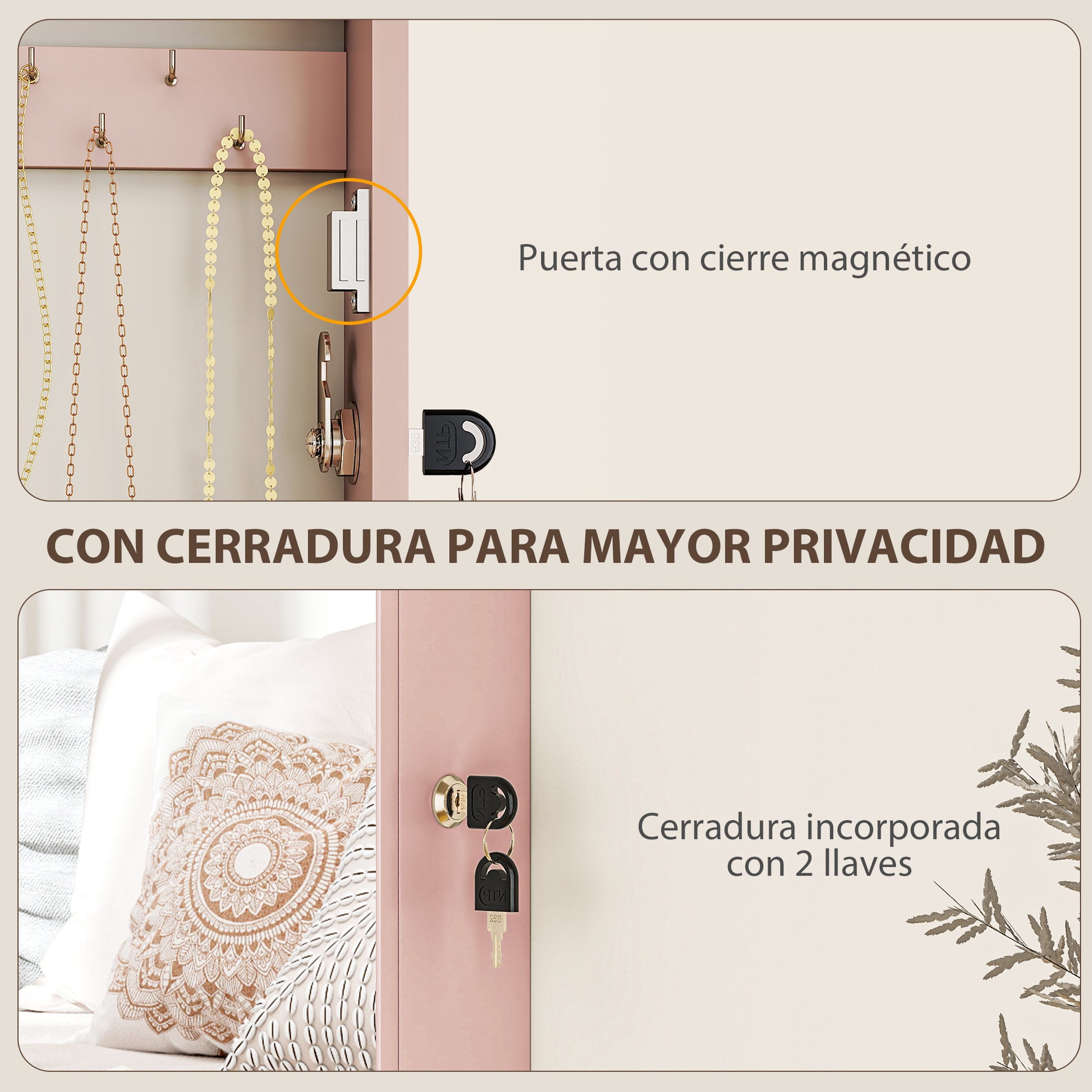 Wall Mounted Jewelry Mirror Cabinet with Lock and Multiple Compartments to Hang on Wall or Door for Earring Necklace Ring Bracelet Pink and Beige Lining