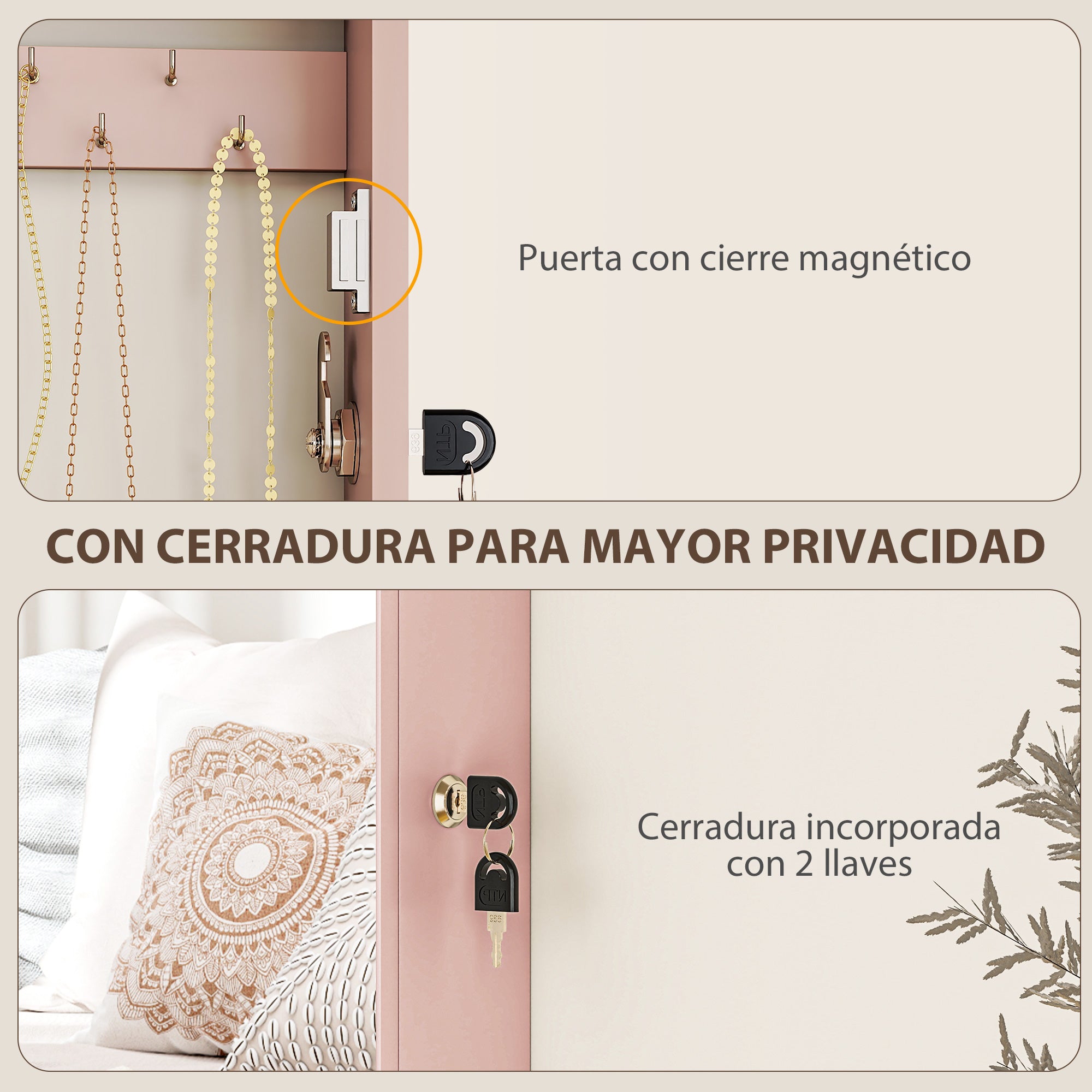 Wall Mounted Jewelry Mirror Cabinet with Lock and Multiple Compartments to Hang on Wall or Door for Earring Necklace Ring Bracelet Pink and Beige Lining