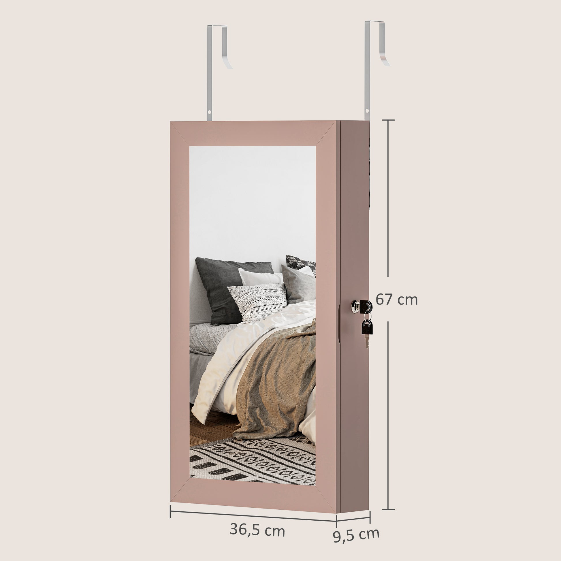 Wall Mounted Jewelry Mirror Cabinet with Lock and Multiple Compartments to Hang on Wall or Door for Earring Necklace Ring Bracelet Pink and Beige Lining